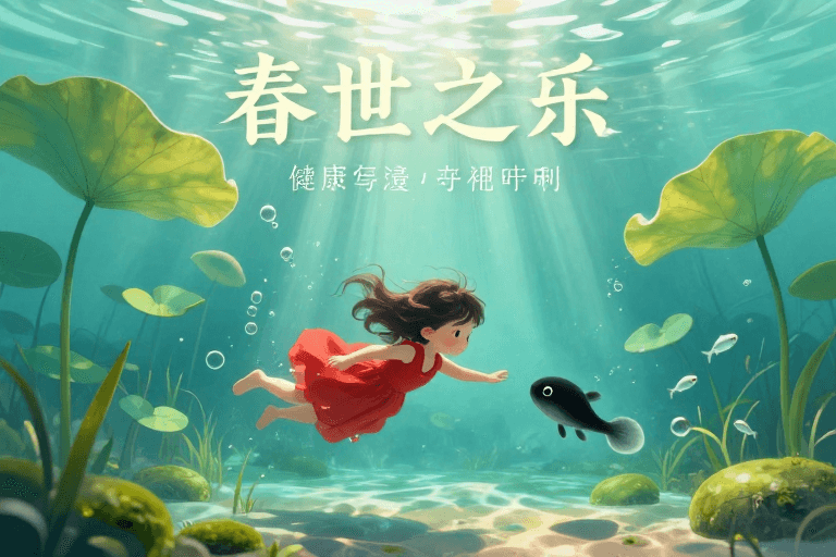 青绿色调素材：青绿童话：静谧池塘里的小女孩与蝌蚪奇遇