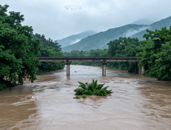 冷色调构图素材：暴雨冲刷下的静谧河景：自然与工业的冷峻对话