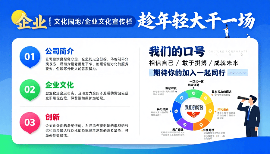 商务插画素材：现代企业文化宣传海报：蓝色渐变背景下的进取精神与活力