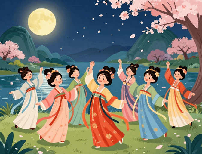 汉服舞蹈素材：月夜汉服舞会：樱花河畔的浪漫欢快舞蹈