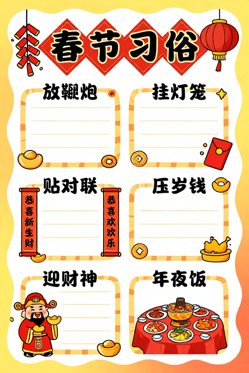 儿童教育素材：春节习俗欢乐手绘海报