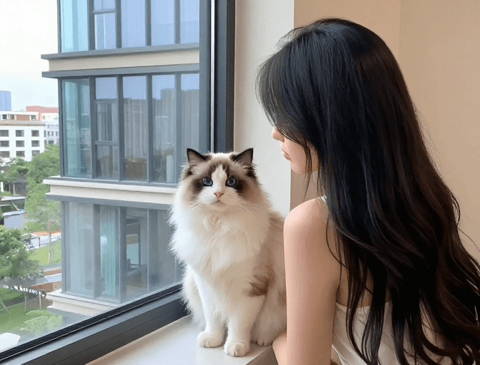 现代室内素材：现代窗景中长发女子与布偶猫的温馨瞬间