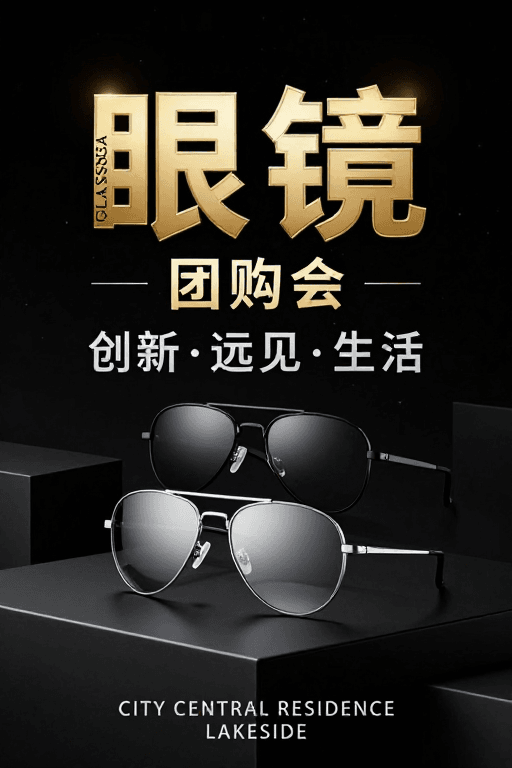 时尚广告素材：高端奢华眼镜促销海报：金属质感与光影艺术的完美融合