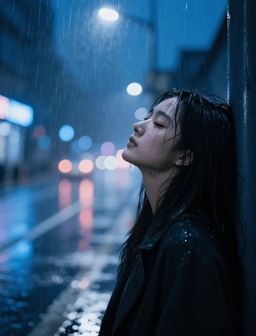 艺术摄影素材：冷蓝雨夜：霓虹碎光下的泪眼回眸