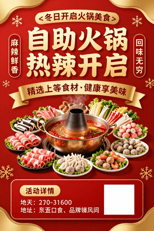 节日促销素材：冬日火锅盛宴：自助热辣开启，精选食材享美味