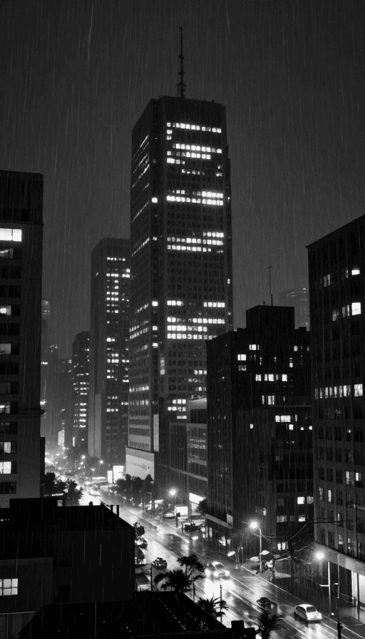 雨夜氛围素材：雨夜孤城：黑白摩天楼的寂寥长镜头