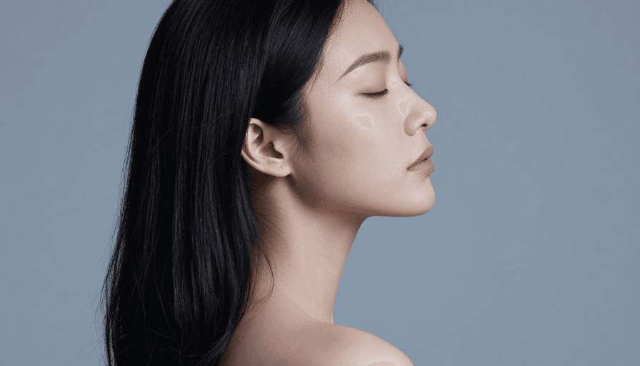 冷调摄影素材：闭眼沉思的亚洲女性侧脸特写，冷调光影下的宁静之美