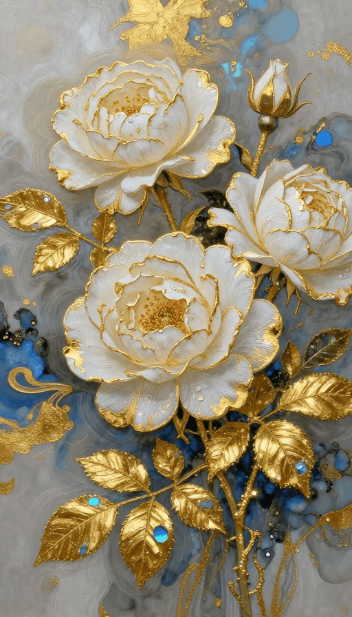 金箔岩彩素材：金箔月季·水墨流光
