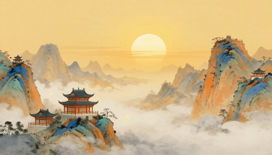 视觉留白素材：双日光景：水墨山河意境