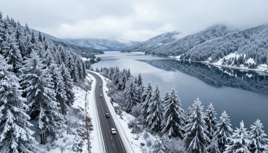 公路风景素材：冬日雪谷公路：静谧湖山与暖车行
