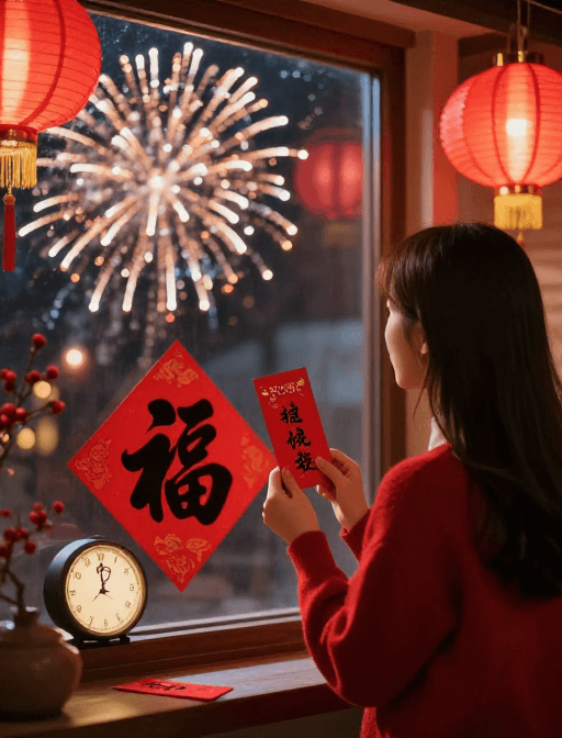 高清摄影素材：新春时刻：女孩与光影交织的梦幻新年纪实