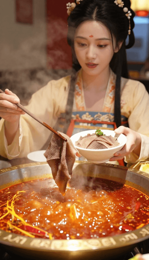 古装美食素材：古装美女涮重庆红汤火锅电影质感特写