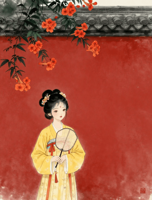 古风少女素材：水墨古风少女与凌霄花红墙