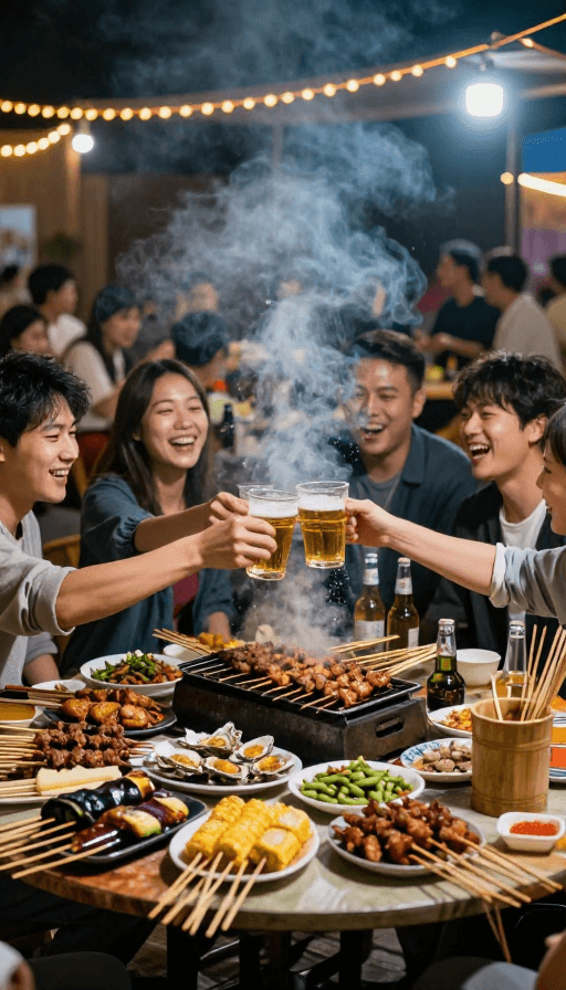 夏夜大排档素材：夏夜大排档：热闹烧烤聚会瞬间