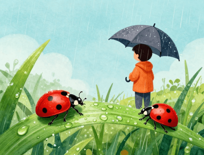 清新治愈素材：青绿水彩童趣雨景：自然与生命的静谧诗篇