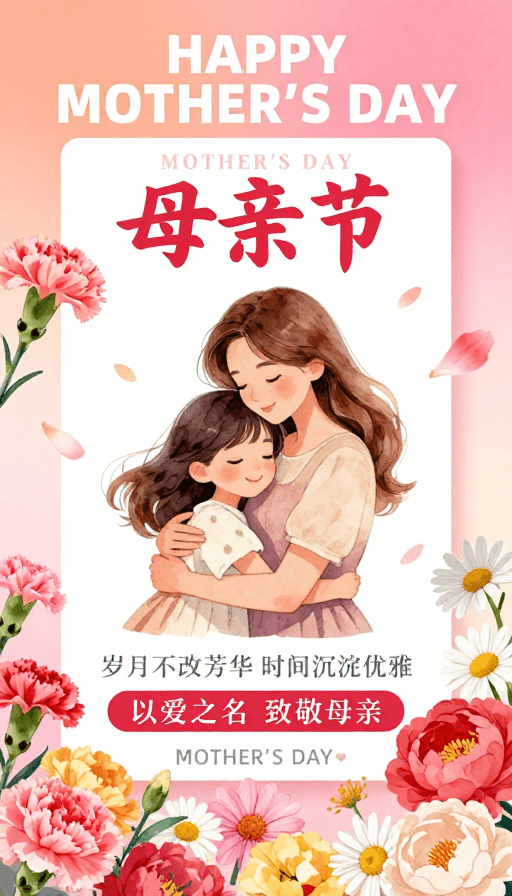 治愈系风格素材：粉橙风母亲节治愈插画海报
