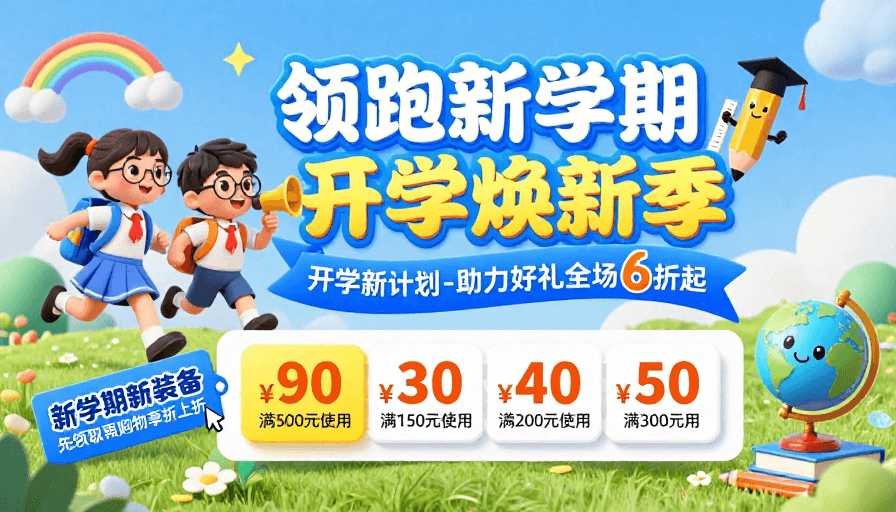 文具元素素材：活力开学季：童趣3D卡通促销海报
