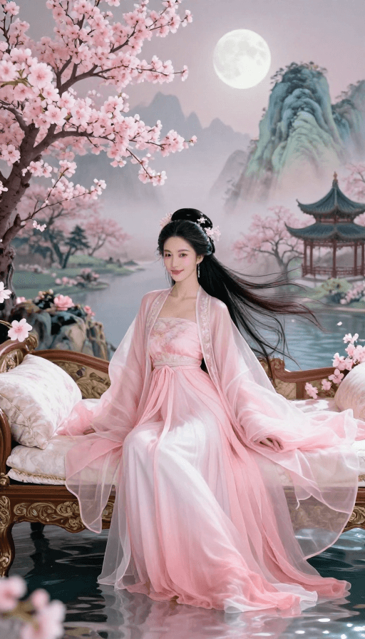 优雅女性素材：梦幻古韵：樱花月下仙境中的优雅女子