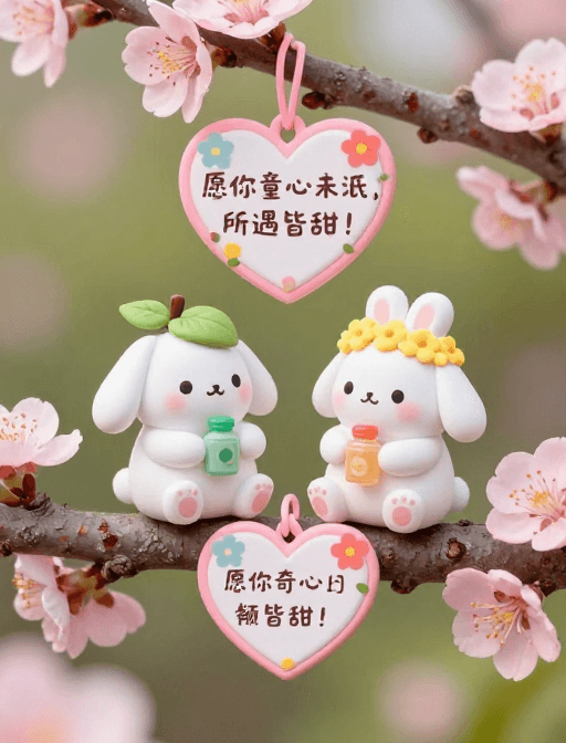 可爱风格素材：萌兔共坐粉花枝，童心与甜意相伴