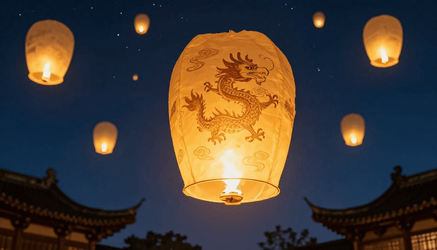 孔明灯素材：龙凤孔明灯点亮元宵夜空，传统祈福美景