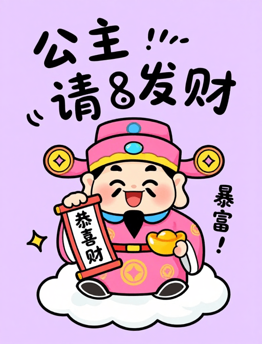 社交素材素材：Q版财神公主发财插画：喜庆招财的可爱设计