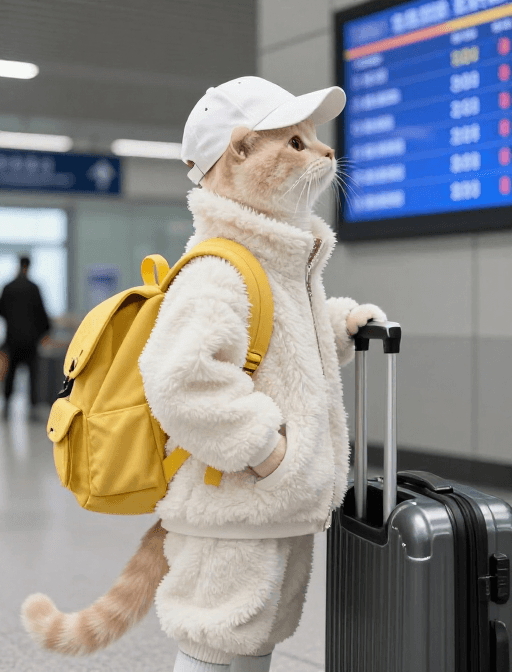 拟人化猫咪素材：萌猫拟人候车时刻表特写