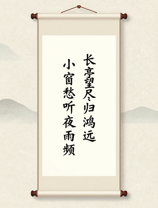留白构图素材：长亭归鸿·夜雨愁思：古风诗意卷轴背景