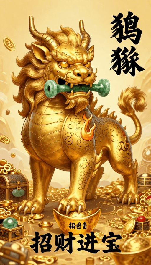 财运象征素材：金貔貅神兽手绘：招财进宝的财富守护者