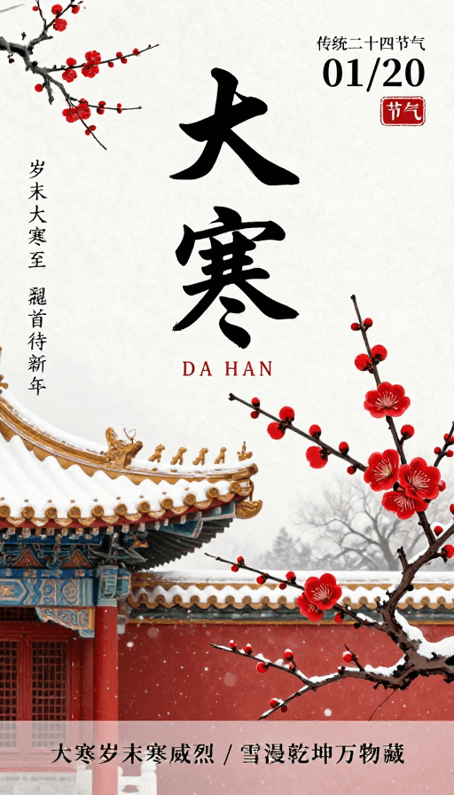 大寒节气素材：大寒节气水墨海报：传统与新春的交融