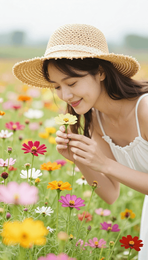 户外拍摄素材：田园花香：戴草帽女子在花海中微笑的清新瞬间