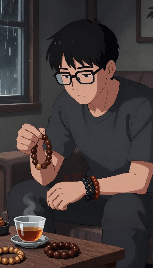 文玩手串素材：都市夜雨中戴眼镜男持文玩手串的孤寂插画