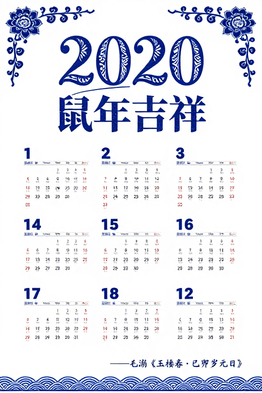传统纹样素材：青花鼠年吉祥：典雅2020日历海报