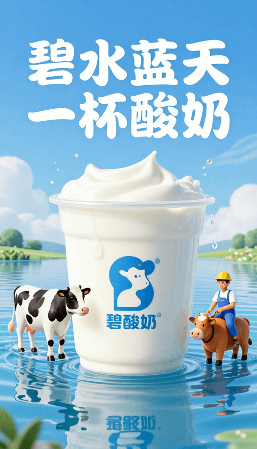 广告插画素材：碧蓝自然：小奶牛与工人的纯净酸奶之旅