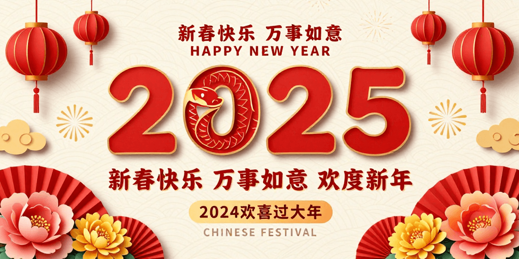 乙巳蛇年素材：乙巳蛇年新春贺图：立体红金中国风海报