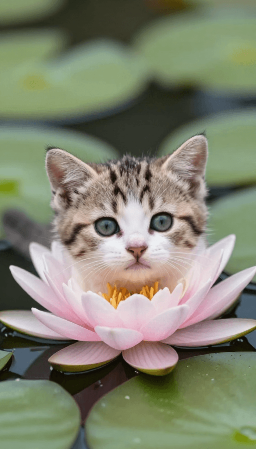 头像素材素材：睡莲上的Q版小奶猫：萌趣可爱瞬间