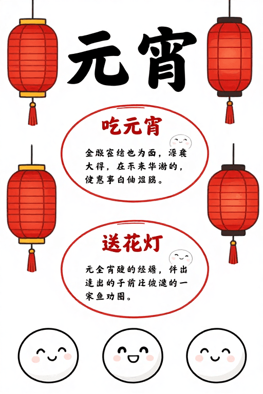 元宵节素材：元宵佳节手绘海报：红白黑清新插画风