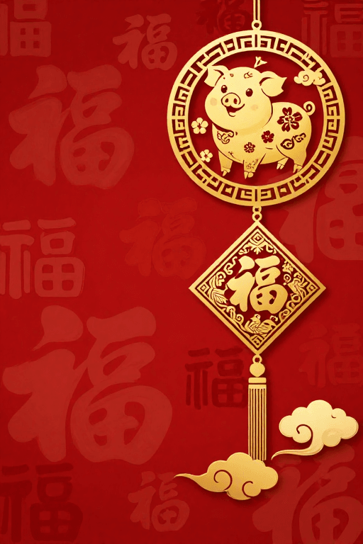喜庆背景素材：金红配色中国风喜庆小猪剪纸图案背景图