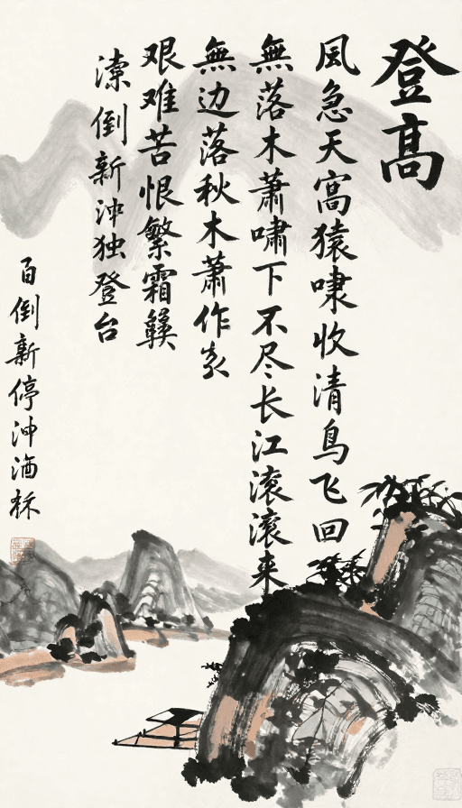 秋景素材：齐白石风《登高》诗意水墨丹青