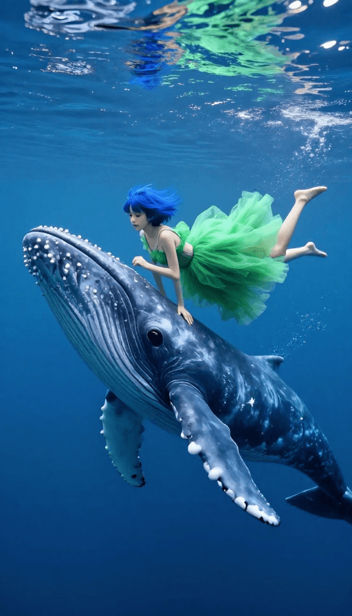 海洋生物素材：深海奇幻：蓝鲸与公主少女的梦幻邂逅