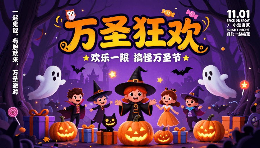 梦幻插画素材：梦幻万圣狂欢：童话与节日的欢乐碰撞