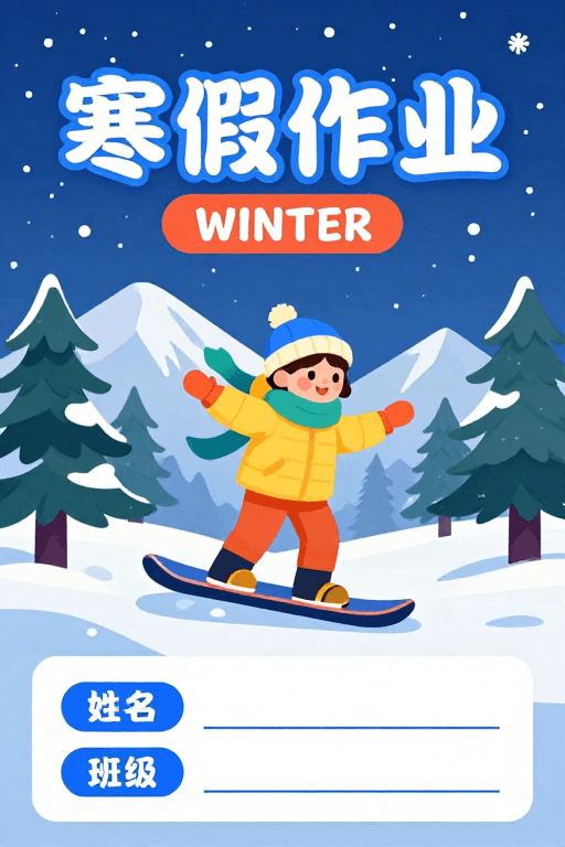 寒假作业封面素材：冬日童趣寒假作业封面 扁平插画设计