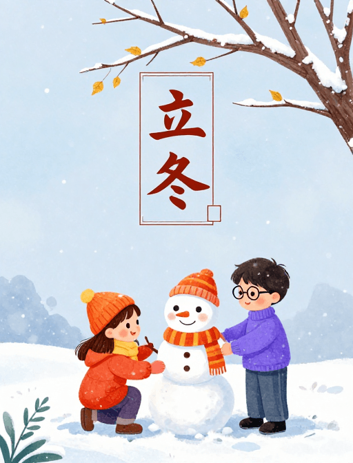 水彩质感素材：立冬童趣：水彩风冬日雪景插画