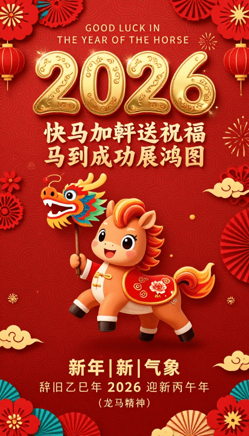 新年贺图素材：2026丙午年红色中国风新年贺图