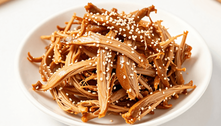 浅景深效果素材：精致卤味鸡丝特写，暖光呈现诱人色泽