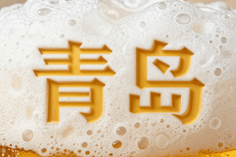 高清画质素材：啤酒泡沫立体‘青岛’字特写
