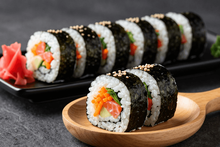 食材细节素材：日式寿司特写：黑盘白瓷与深灰背景交织的视觉盛宴