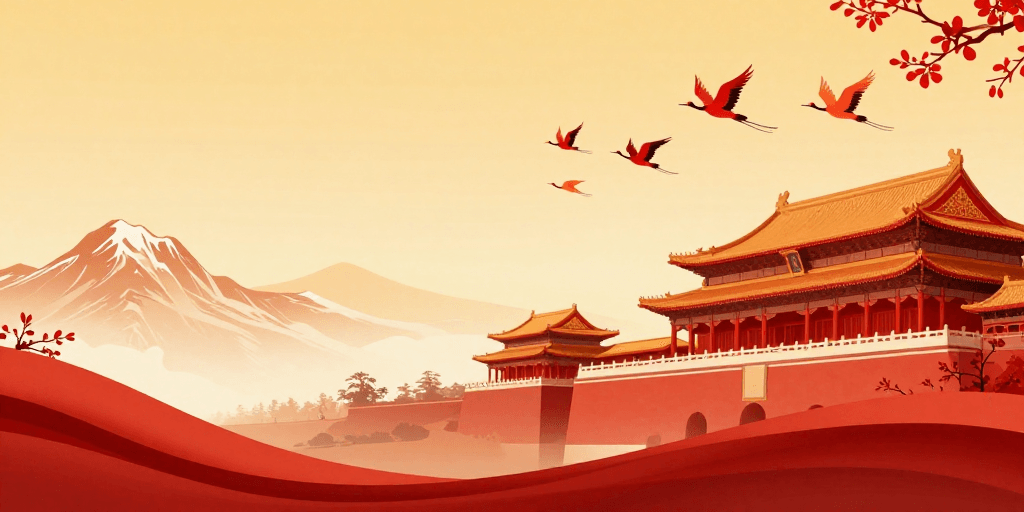 暖金色调素材：中国风瑞祥图：朱红宫殿与雪景中的朱雀飞舞