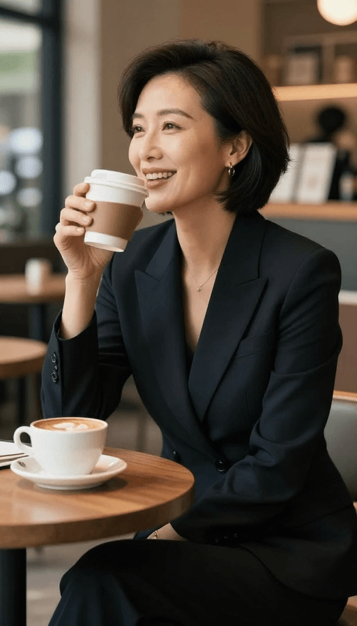 职场女性素材：职场精英的优雅瞬间：咖啡馆中的自信微笑