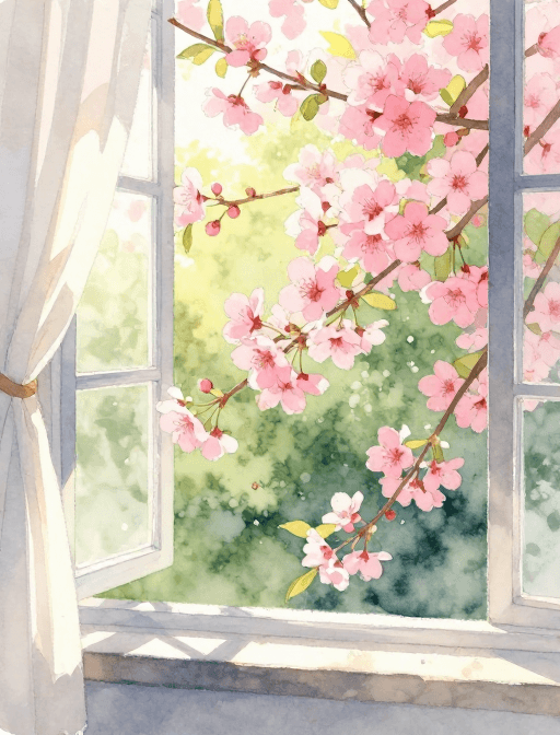 花卉植物素材：春日窗景：柔和水彩描绘生机