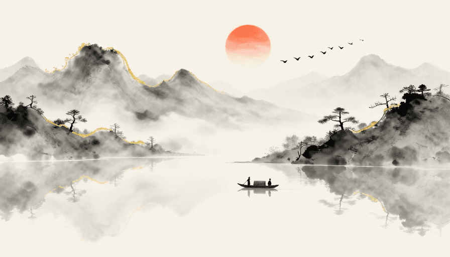 极简背景素材：新中式水墨金箔山水背景图